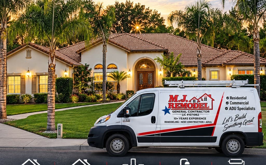 MJ Remodel van parked in front of a finished home