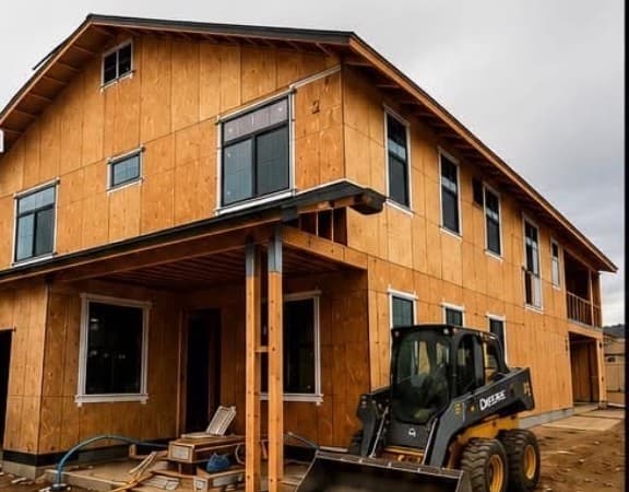 New two-story house under construction, sheathed and windowed